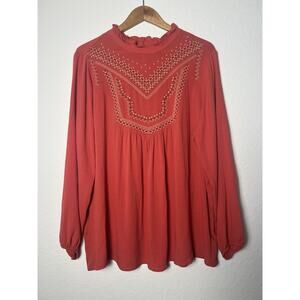 Torrid Coral Crinkle Gauze Embroidered Blouse Sz 1 Ruffle Peasant Western Boho